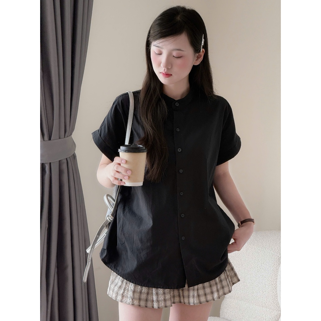 Áo sơ mi cổ tàu ngắn tay dáng rộng chất vải thô Miho House | BigBuy360 - bigbuy360.vn