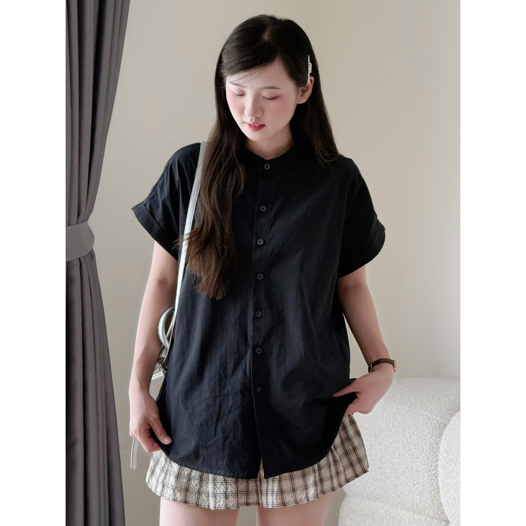 Áo sơ mi cổ tàu ngắn tay dáng rộng chất vải thô Miho House | BigBuy360 - bigbuy360.vn