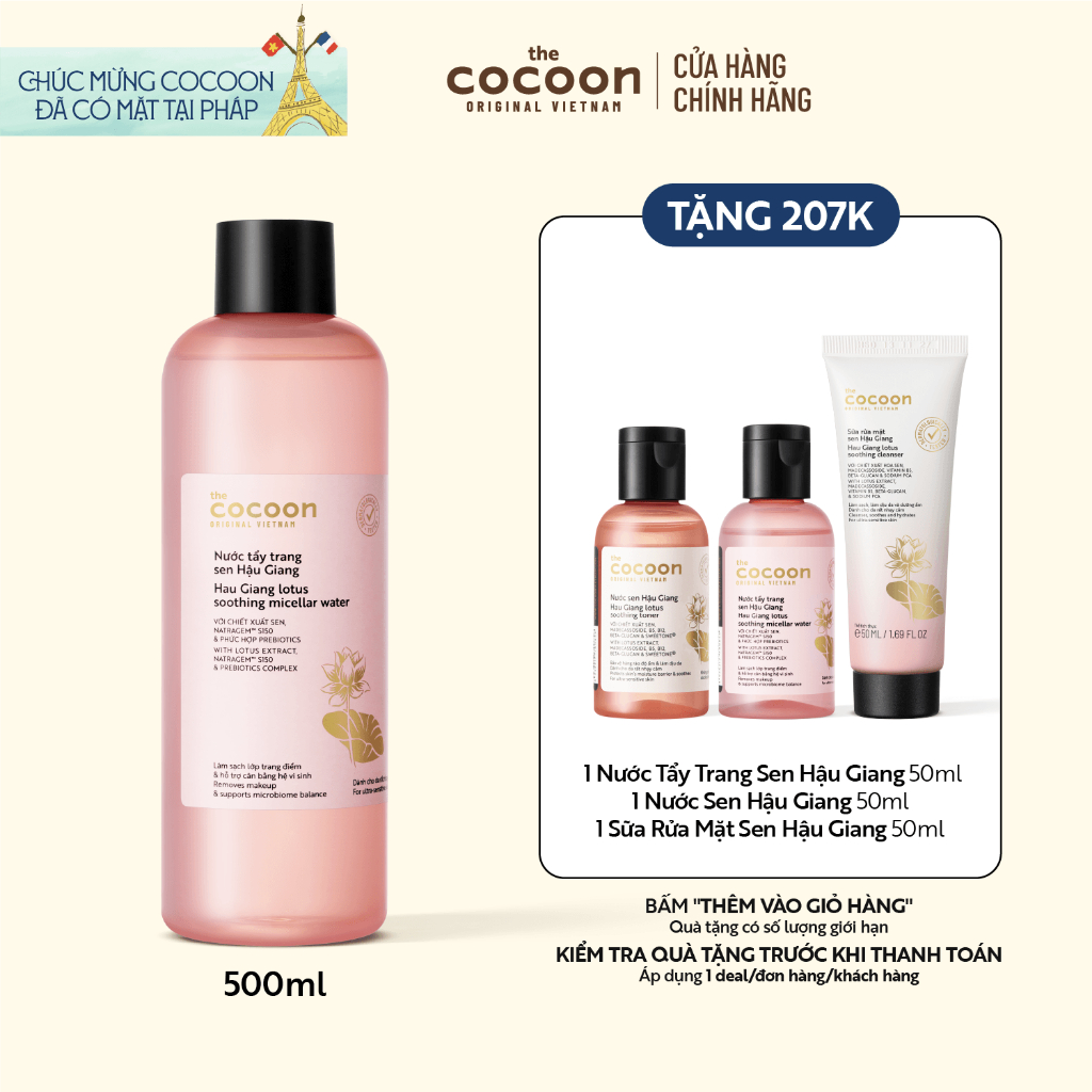 Bigsize - Nước Tẩy Trang Sen Hậu Giang Sạch Bụi Siêu Mịn PM1.0, Có Prebiotics Dịu Êm Cho Da Rất Nhạy Cảm Cocoon 500ml | BigBuy360 - bigbuy360.vn