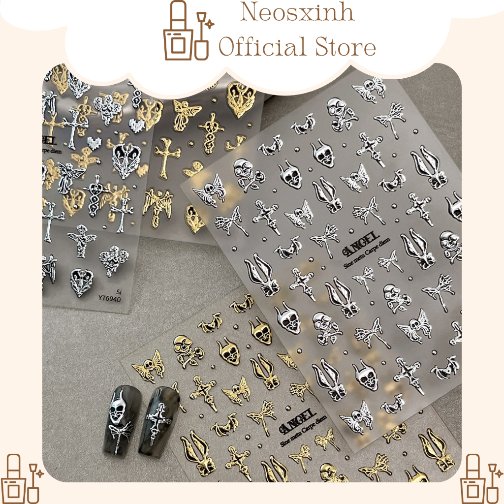Sticker Dán Móng Tay Tráng Gương Vàng Đầu Lâu Gothic - Hình Dán Móng - Neosxinh Nails