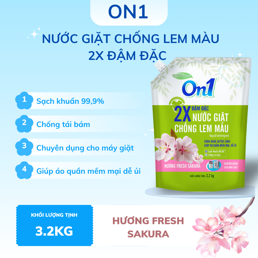Túi Nước Giặt On1 3.2KG Chống Lem Màu Hương Fresh Sakura Chuyên Dụng Cho Giặt Máy- On1 Việt Nam