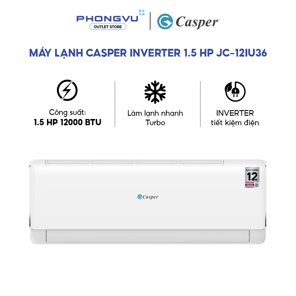 Máy lạnh Casper Inverter 1.5 HP JC-12IU36 - Làm lạnh nhanh Turbo - Bảo hành 36th