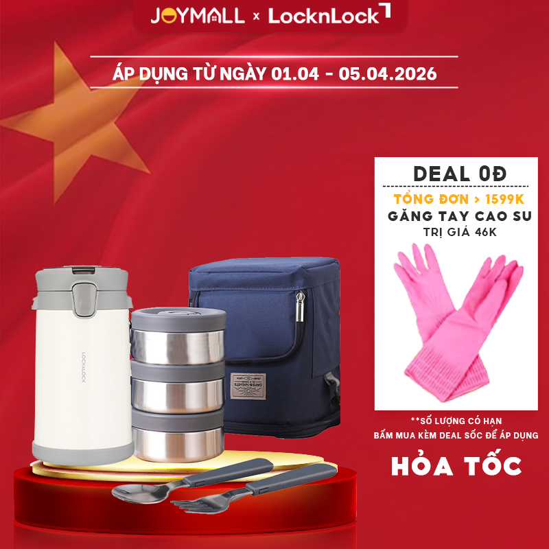 Bộ hộp cơm giữ nhiệt LocknLock 2L LHC8039 có túi, Hàng chính hãng, kèm muỗng nĩa gấp gọn - JoyMall