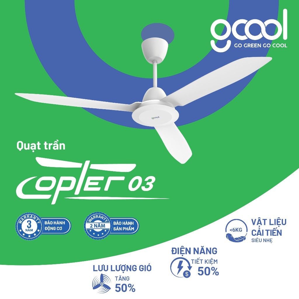 Quạt Trần Gcool 3 cánh điều khiển (03R) Chạy êm, mát , công suất 40w