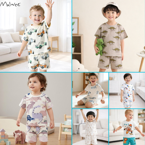 BST bộ hè bé trai cotton hoạ tiết khủng long, oto Malwee thời trang trẻ em từ 2-7 tuổi P1