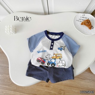 Bộ cotton phối màu worker cars áo cotton phối quần da cá cho bé trai, set bộ thun cộc mùa hè bé trai