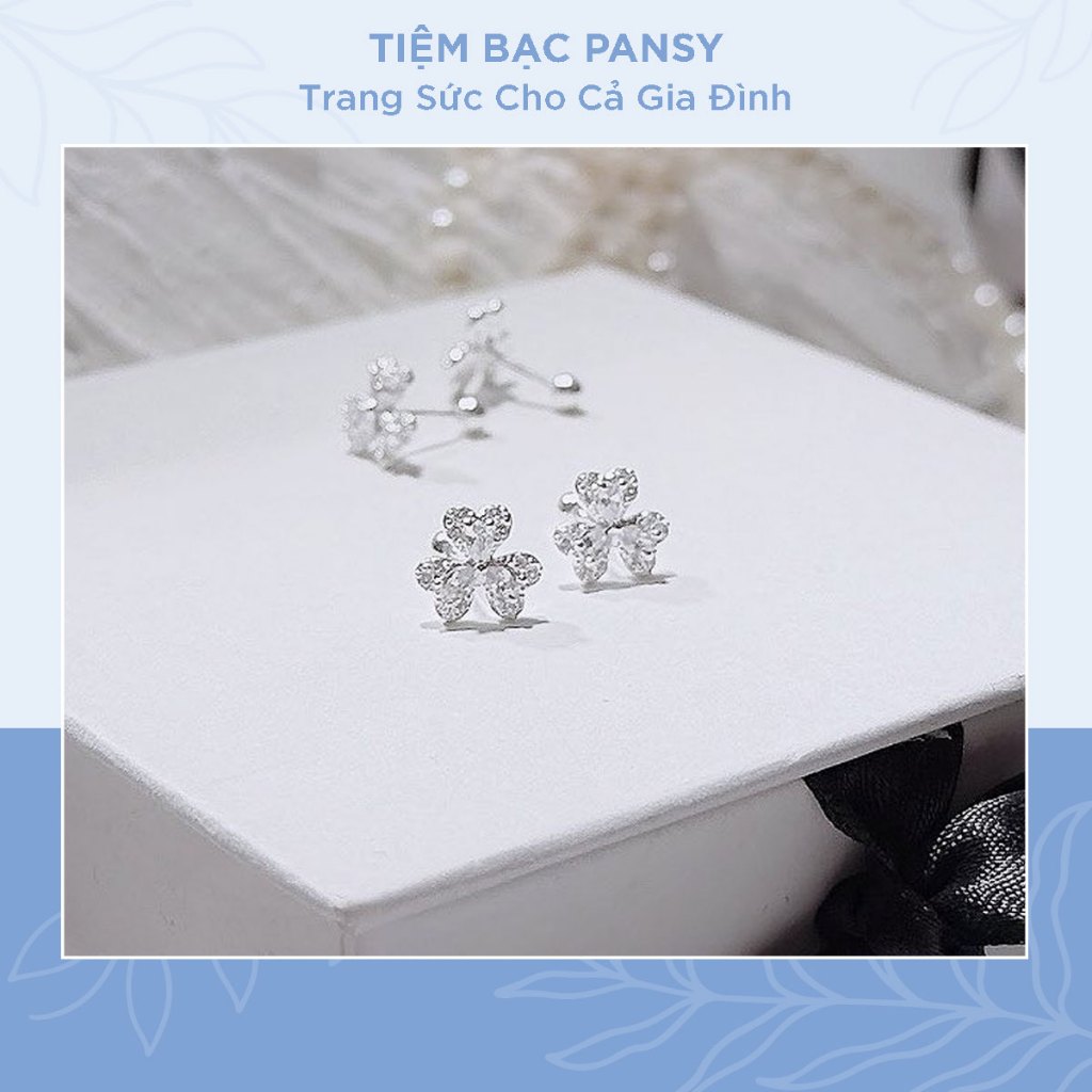 Khuyên tai bạc nữ PANSY cỏ ba lá đá chốt ren bi vặn xinh xắn, thu hút may mắn