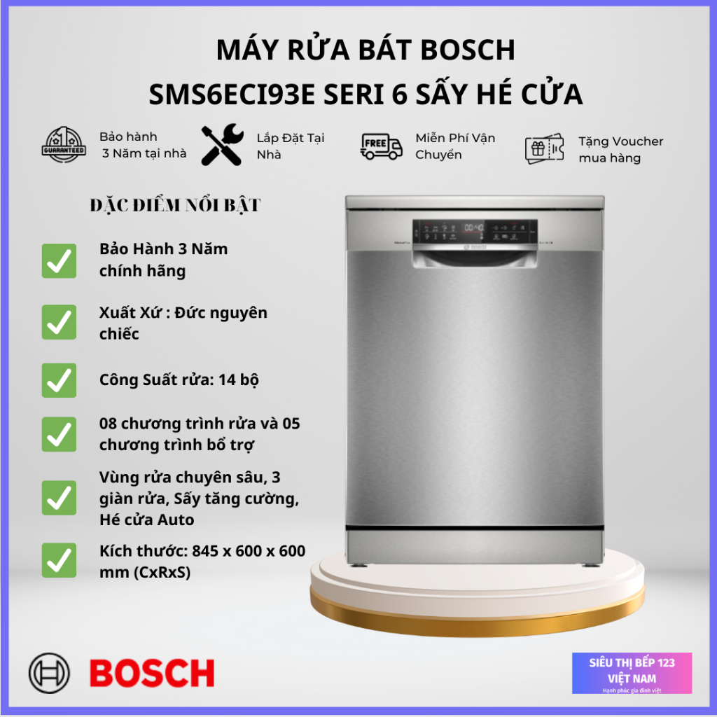 [NEW 2026] MÁY RỬA BÁT BOSCH SMS6ECI93E/SMS6ECI11E SERI 6 14 BỘ, SẤY HÉ CỦA TỰ ĐỘNG, MADE IN GERMANY