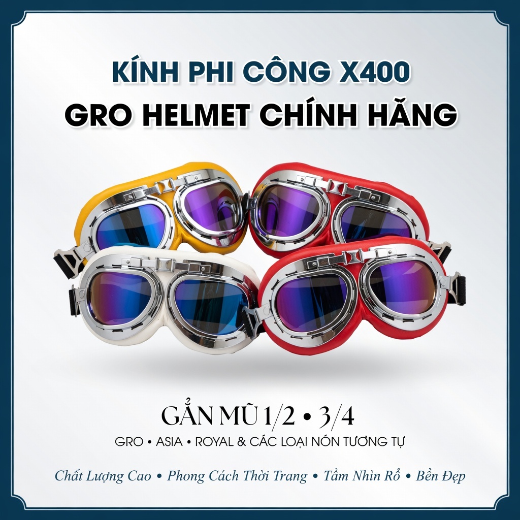 Kính Phi Công X400 GRO HELMET Chính Hãng – Gắn Mũ 1/2, 3/4