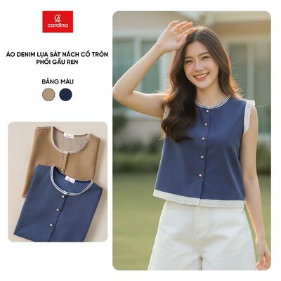 Áo kiểu nữ CARDINA chất liệu denim lụa sát nách cổ tròn phối gấu ren 6AKS06