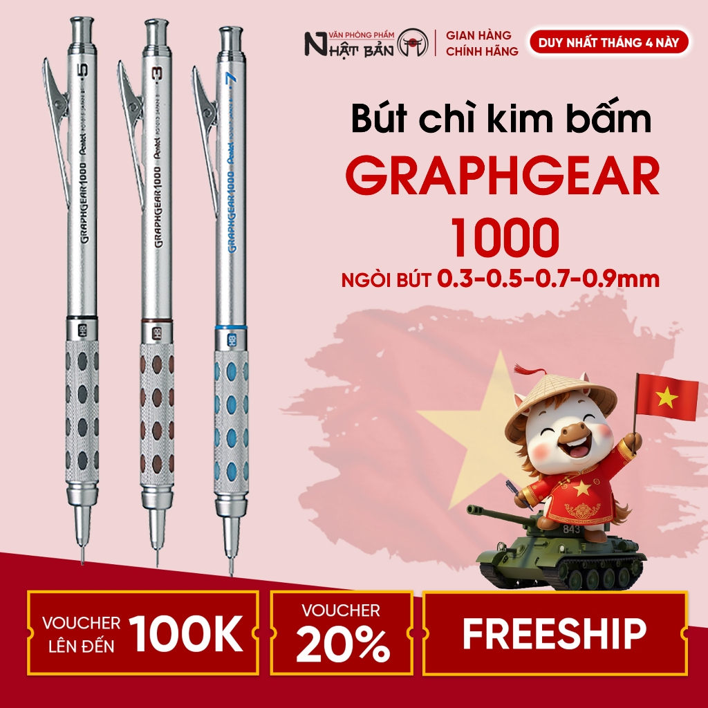 Bút chì kim cơ khí Pentel Graphgear 1000 bút chì kỹ thuật kim loại cao cấp ngòi 0.3/0.5/0.7/0.9mm