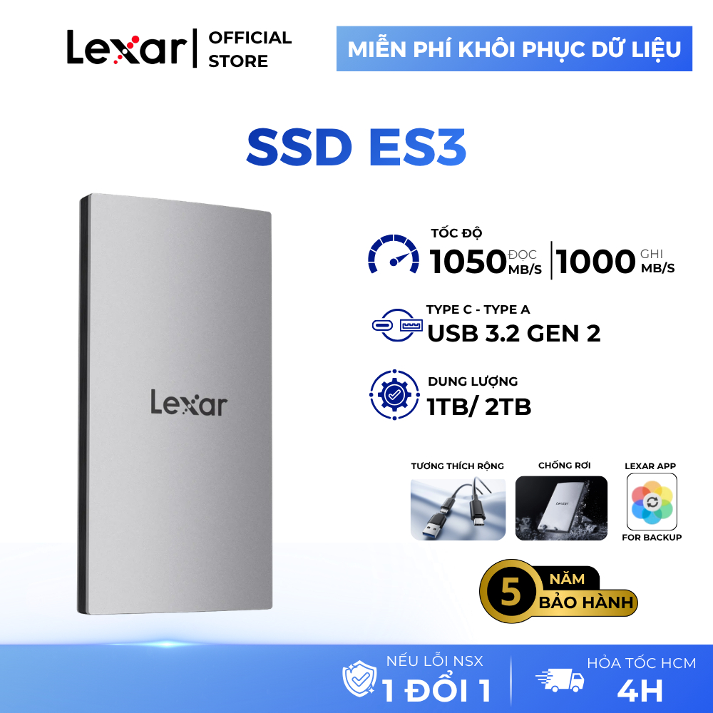 SSD Di Động Lexar ES3 1TB/2TB USB 3.2 Gen 2 Tốc Độ 1050MB/s - Bảo hành 36 tháng