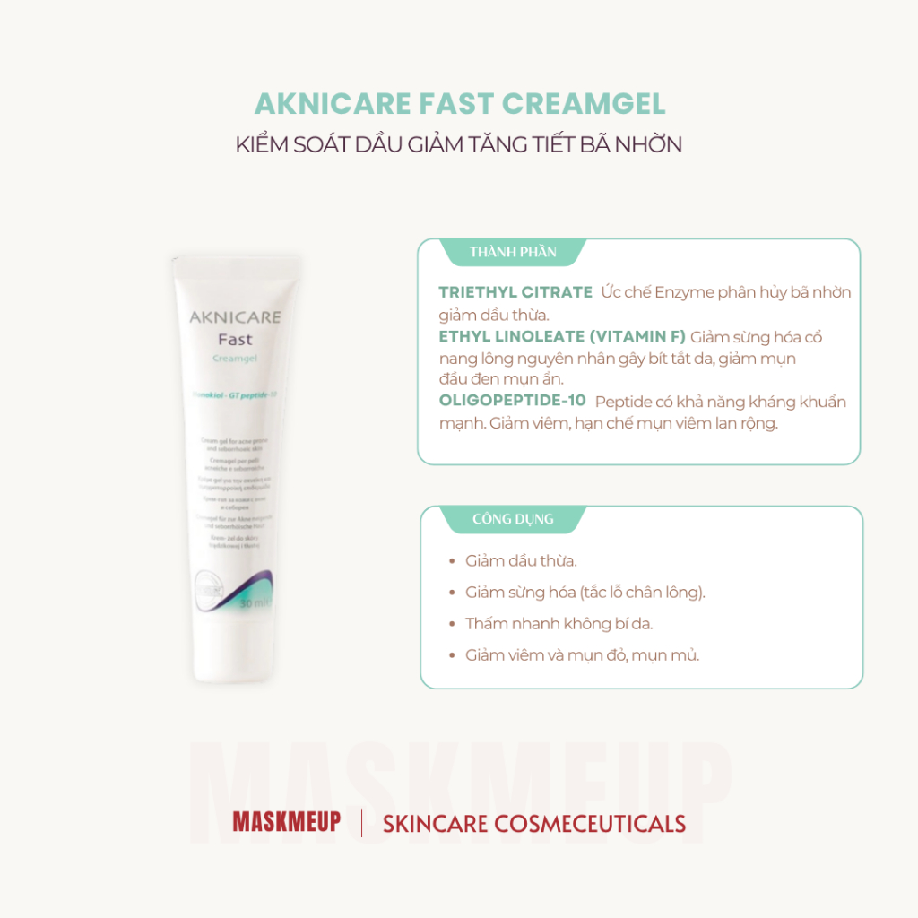 Kem Giảm Viêm Mụn, Kiểm Soát Bã Nhờn Aknicare Fast Cream Gel 30ml