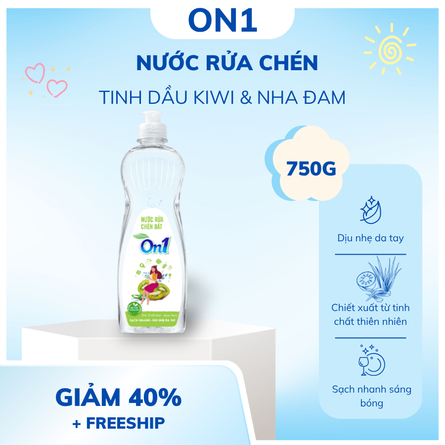 Nước rửa chén On1 Hương Kiwi và Aloevera 750g - Sạch bóng vết dầu mỡ - On1 Việt Nam