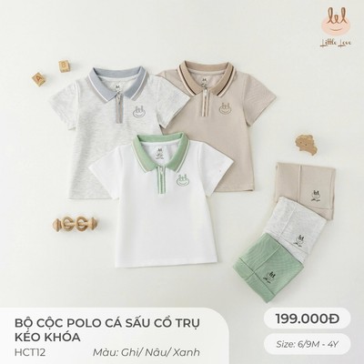 BỘ CỘC TAY POLO DA CÁ CỔ TRỤ KÉO KHÓA  LIL LITTLE LOVE [ SIÊU MỀM, MÁT, MỊN CO DÃN VÀ THẤM HÚT TỐT] SZ 6/9M - 4Y (HCT12)