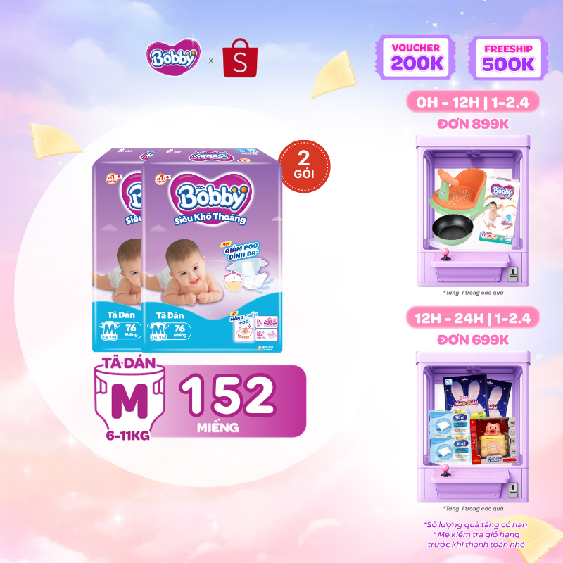 Combo 2 tã dán Bobby S80/M76/L68/XL62/XXL56 mới- Lõi nén cotton-soft 3mm
