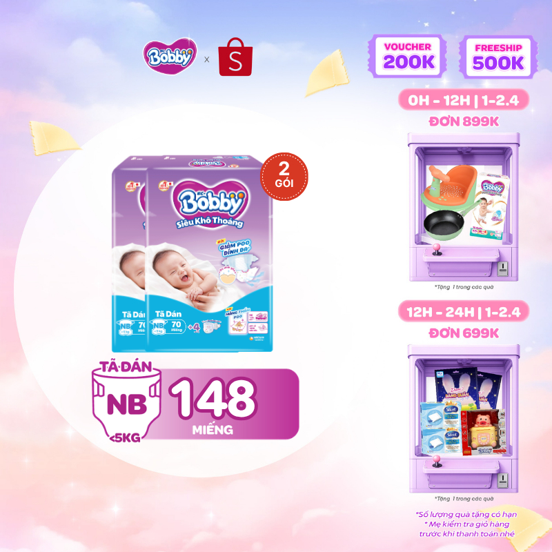 Combo 2 tã dán sơ sinh Bobby NB70/S54/M46 mới- Lõi nén cotton-soft 3mm