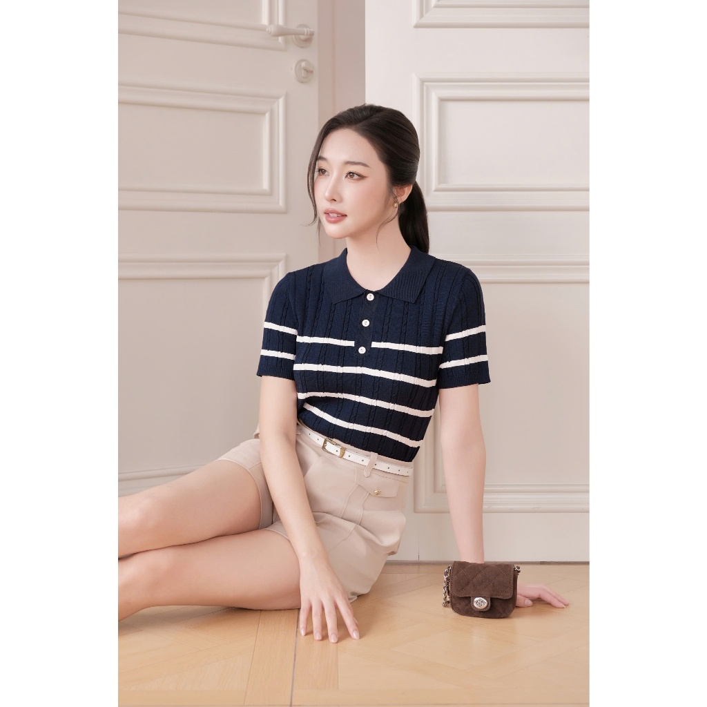 (𝐓𝐡𝐞 𝐔𝐩𝐰𝐢𝐧𝐝 𝐊𝐢𝐭𝐞) Áo len kẻ dệt kim cộc tay vằn thừng, chất liệu co dãn nhẹ, thoáng mát thời trang nữ Calie AKDK247 | BigBuy360 - bigbuy360.vn