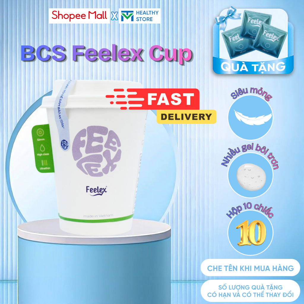 Bao cao su cao cấp Feelex Cup siêu mỏng, dạng cốc kín đáo, đa dạng, nhiều gel bôi trơn - hộp 10bcs