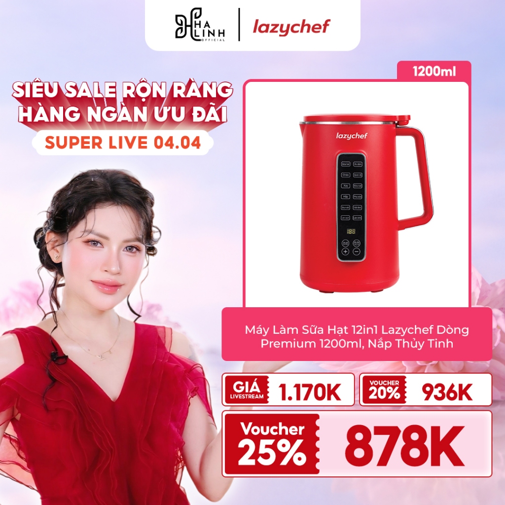 [VHL x Lazychef] Máy Làm Sữa Hạt 12in1 Lazychef Dòng Premium 1200ml, Nắp Inox Thủy Tinh - Màu Đỏ