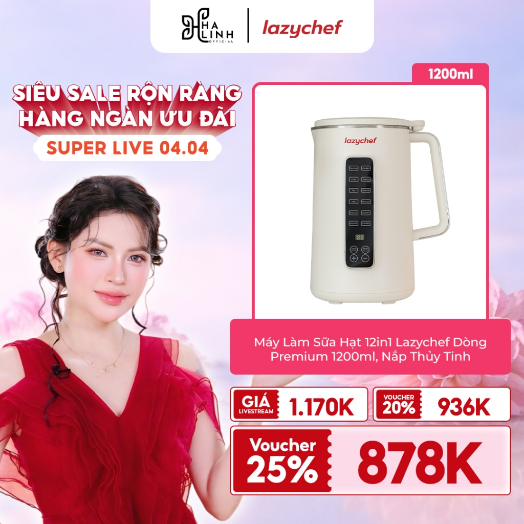 [VHL x Lazychef] Máy Làm Sữa Hạt 12in1 Lazychef Dòng Premium 1200ml, Nắp Thủy Tinh - Màu Kem