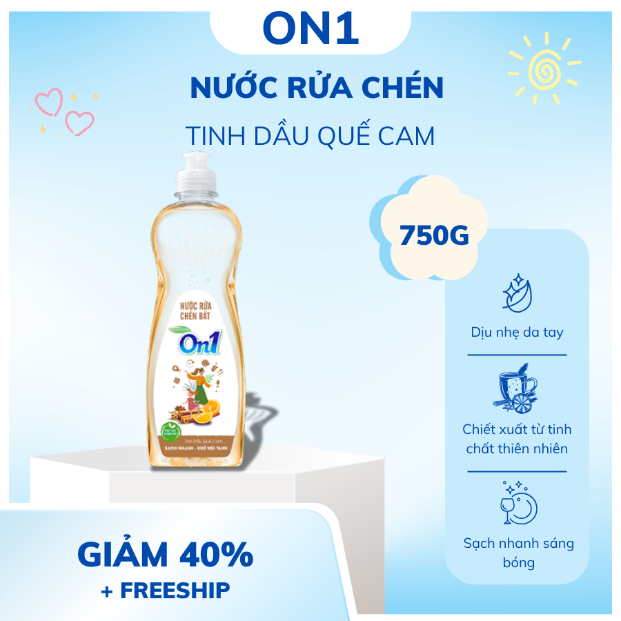 Nước Rửa Chén On1 Hương Quế Cam 750G- Sạch Bóng Vết Dầu Mỡ Bảo Vệ Da Tay - On1 Việt Nam