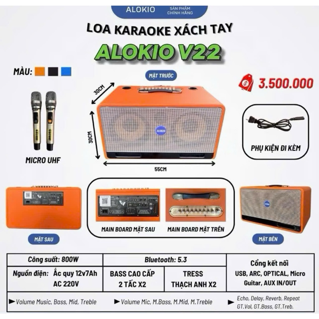 Loa xách tay cao cấp V22 chính hãng Alokio với mic UHF chuyên nghiệp