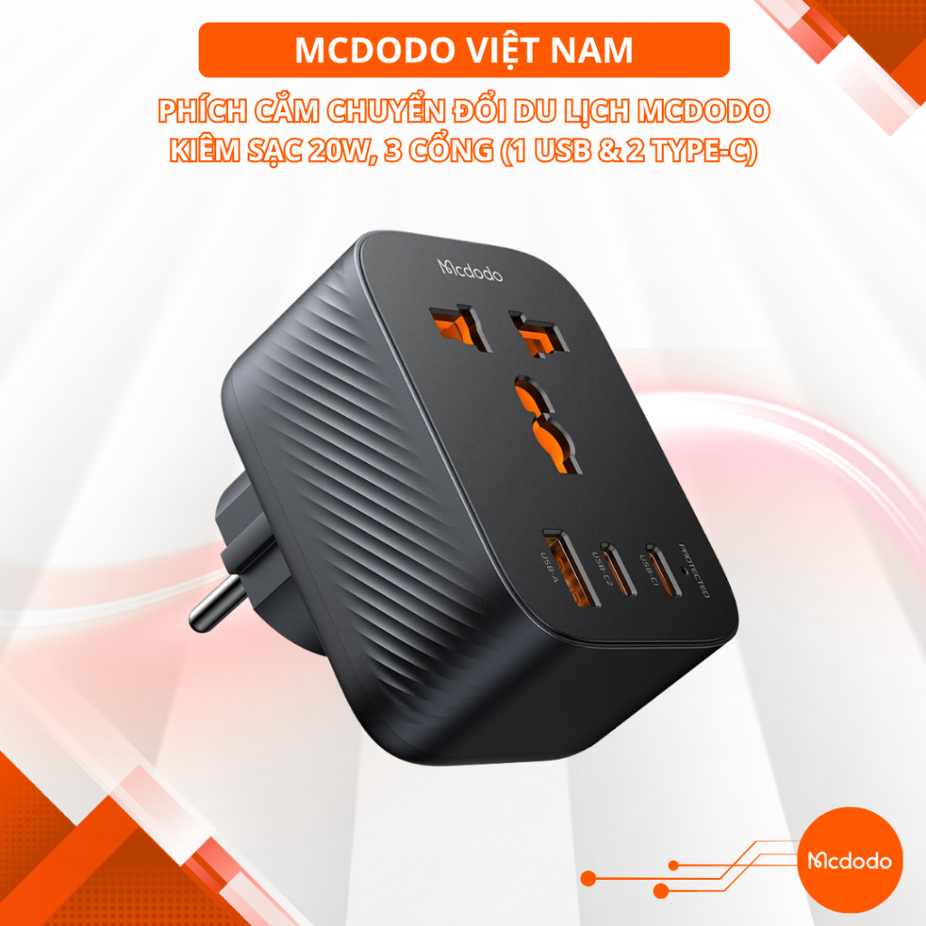 Phích Cắm Chuyển Đổi Du Lịch Mcdodo | Kiêm Sạc 20W, 3 Cổng (1 USB & 2 Type-C)