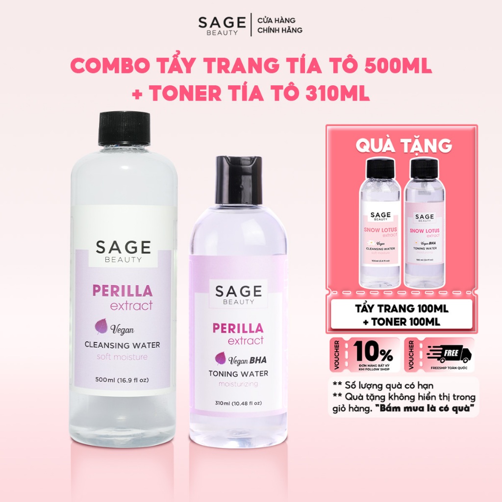 Combo Nước Tẩy Trang Thuần Chay Sage Beauty 500ml & Nước Cân Bằng Da Toner Thuần Chay 310ml