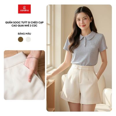 Quần đùi sooc nữ CARDINA chất liệu tuýt si chéo cạp cao quai nhê 2 cúc 6QSA13