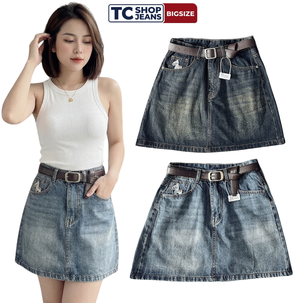 Chân váy jean nữ dáng chữ a thêu ngựa trắng có lót TC SHOP JEANS bigsize 55-90kg chất jean mềm MS 21