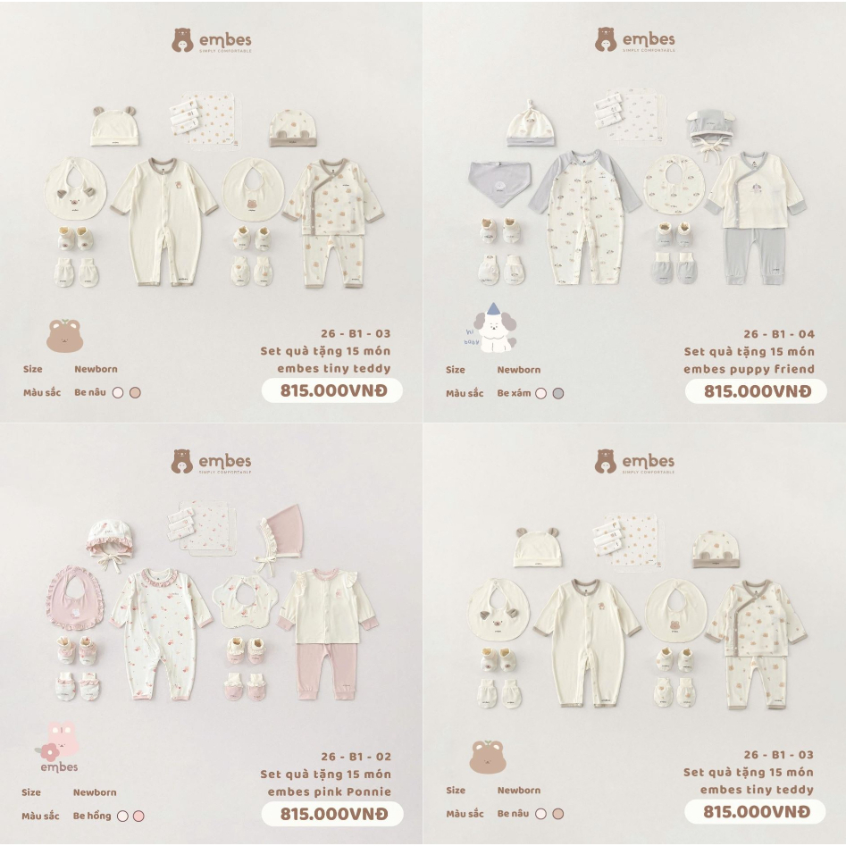 Set Quà Tặng Sơ Sinh Embes Chính Hãng, Combo Sơ Sinh 15 Món size NEWBORN  Chất Mềm Mịn