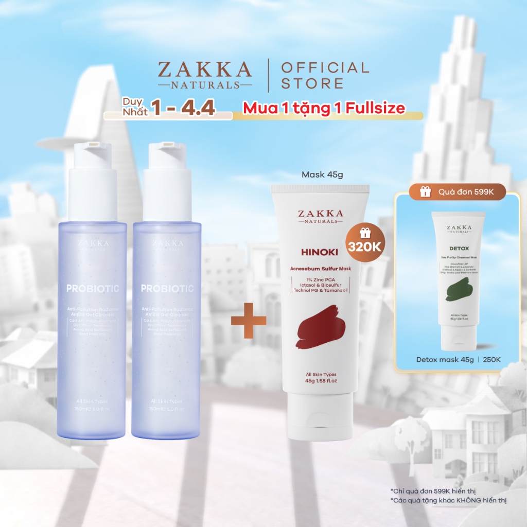 Combo 2 Gel Rửa Mặt Sạch Bụi Mịn Probiotic Anti-Pollution Radiance Amino Gel Zakka Naturals 150ml