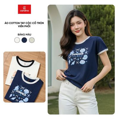 Áo thun nữ CARDINA Cotton tay cộc cổ tròn phối viền 6ATC21