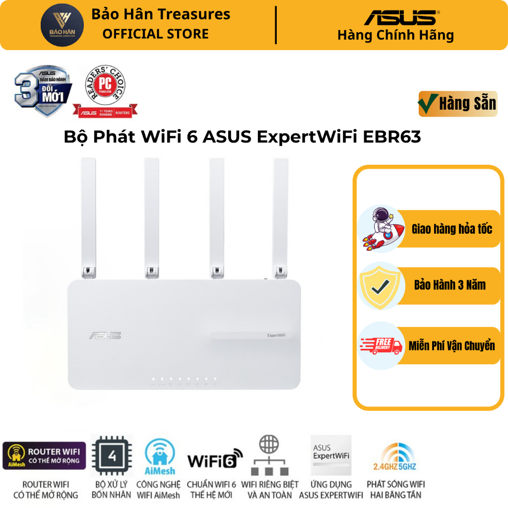 Bộ Phát WiFi 6 ASUS ExpertWiFi EBR63 AX3000 (802.11ax) Dual Band (router WiFi có thể mở rộng)-Hàng C