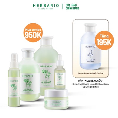 Bộ 5 Sản Phẩm Làm Đẹp Chăm Sóc Da Dầu, Mụn Herbario Gồm: Nước tẩy trang, Sữa rửa mặt, Xịt khoáng, Serum, Mặt nạ