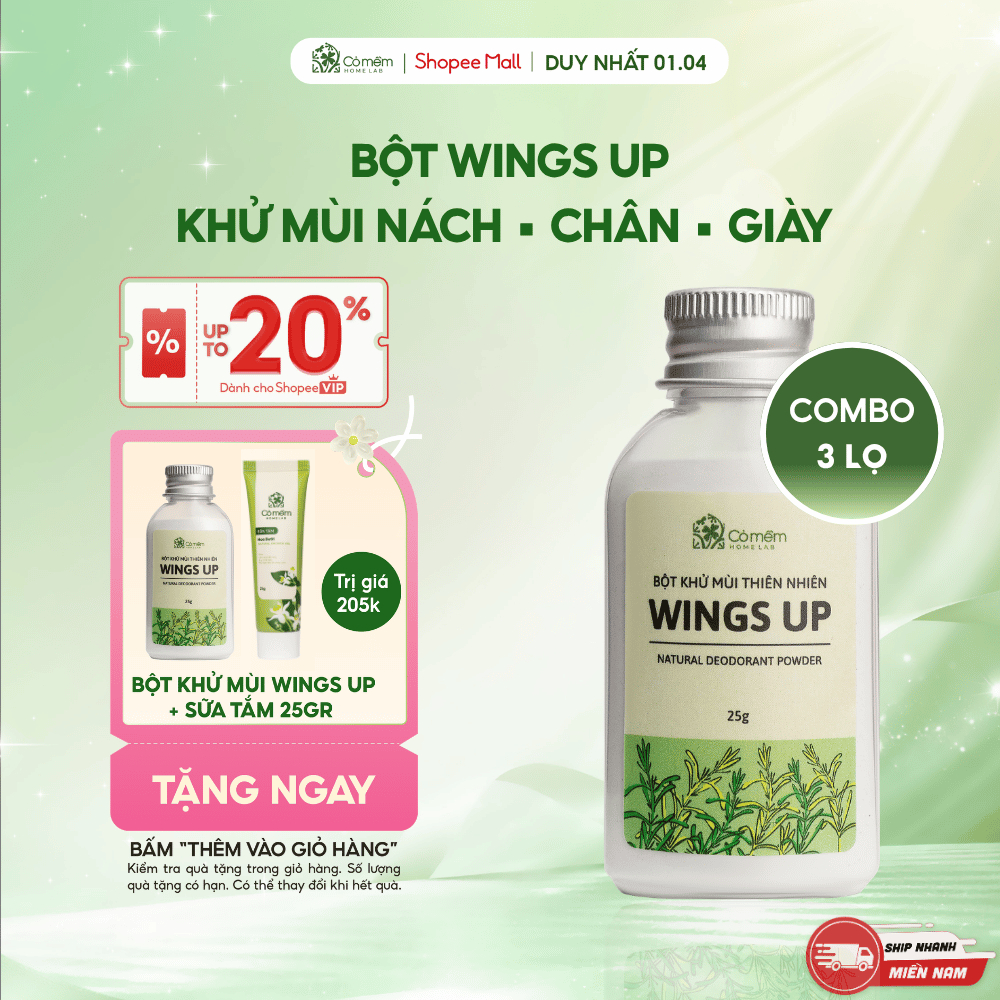 [MUA 3 TẶNG 1] Combo 3 Bột Khử Mùi Wings Up Khử Mùi Hôi Chân Nách Giày Cỏ Mềm 25g