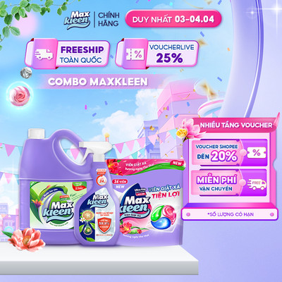 Combo Chai Lau sàn MaxKleen Ban mai 3.6kg + Viên giặt (34 viên/túi)+ Chai xịt đa năng 520ml