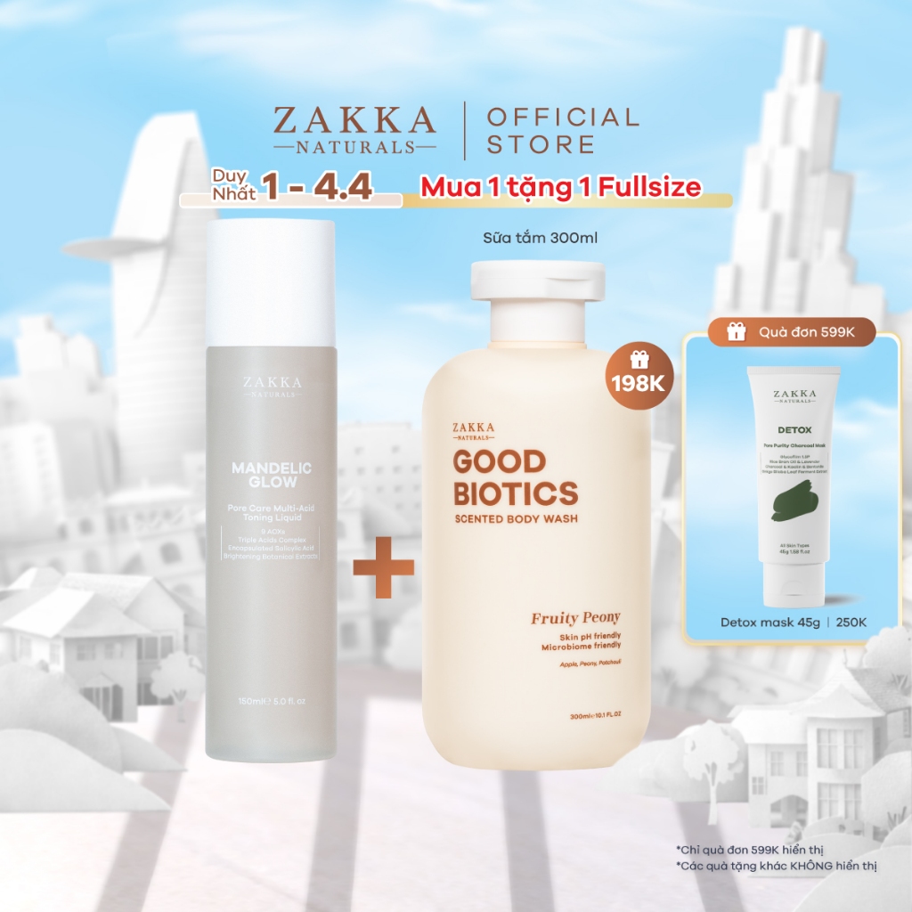 Toner tẩy da chết AHA, BHA Mandelic Glow Zakka Naturals 150ml