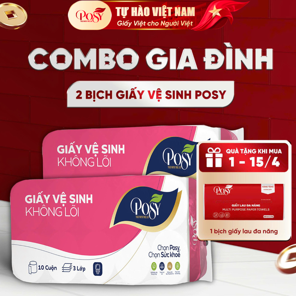 POSY_[COMBO GIA ĐÌNH] - MUA 2 BỊCH GVS POSY 10 CUỘN 3 LỚP CÓ LÕI - KHÔNG LÕI mềm mịn, tiết kiệm cho 