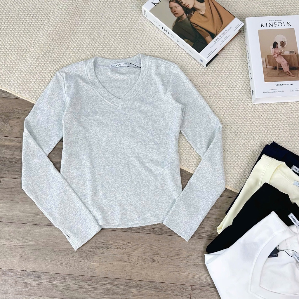 A29642 - Áo thun trơn tay dài cổ tim | BigBuy360 - bigbuy360.vn