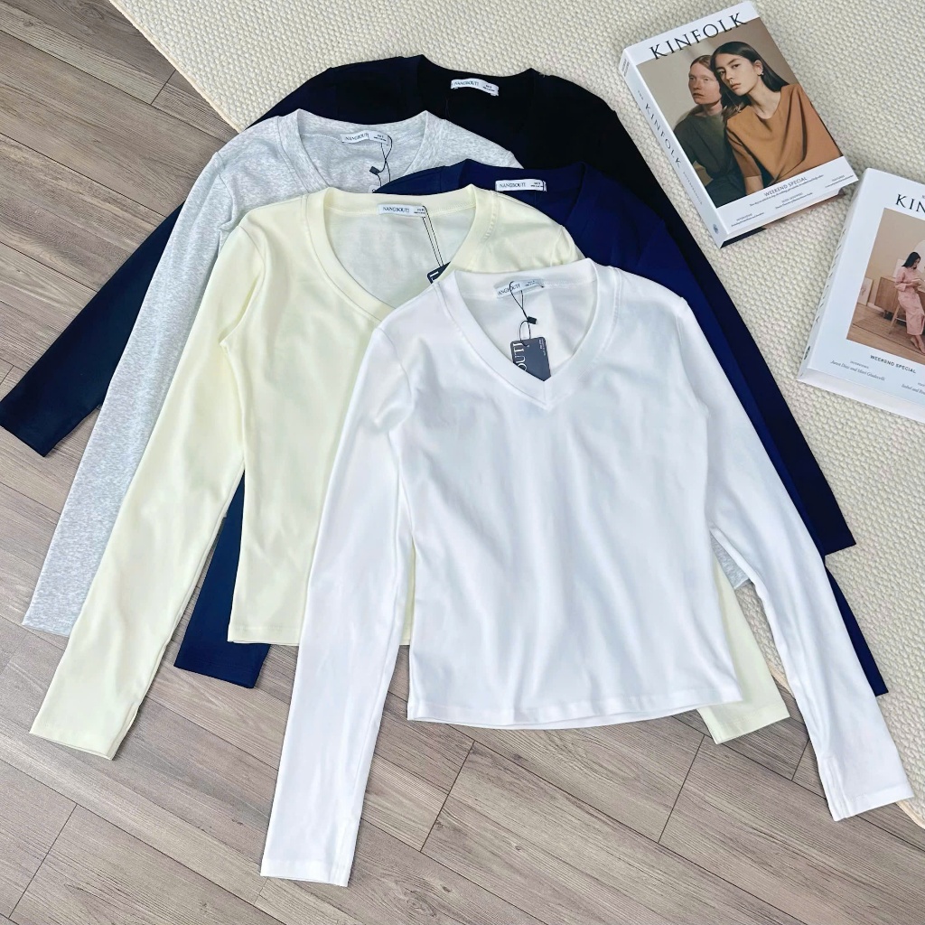 A29642 - Áo thun trơn tay dài cổ tim | BigBuy360 - bigbuy360.vn