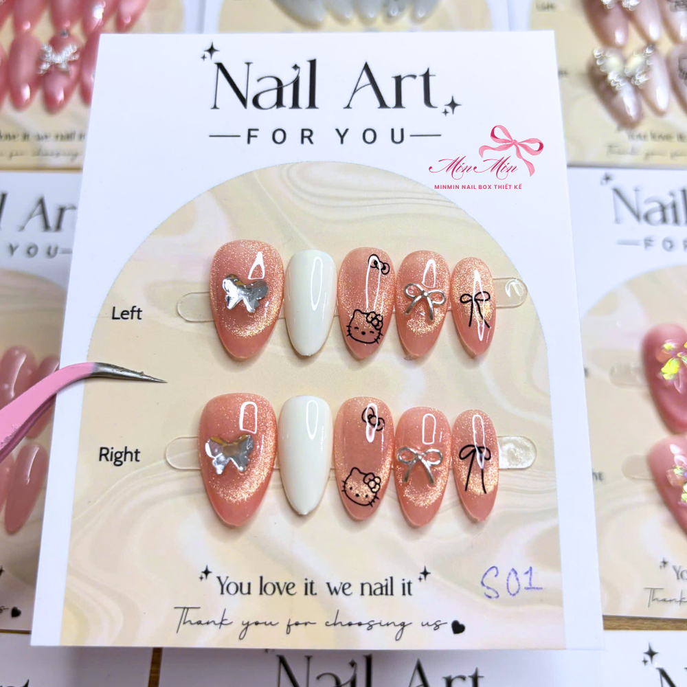 [ TẶNG KEO, DŨA ] Bộ Nailbox Mắt Mèo Nền Thạch Hồng Cam - Charm Nơ, Hiệu Ứng Hoạt Hình Dễ Thương (O1