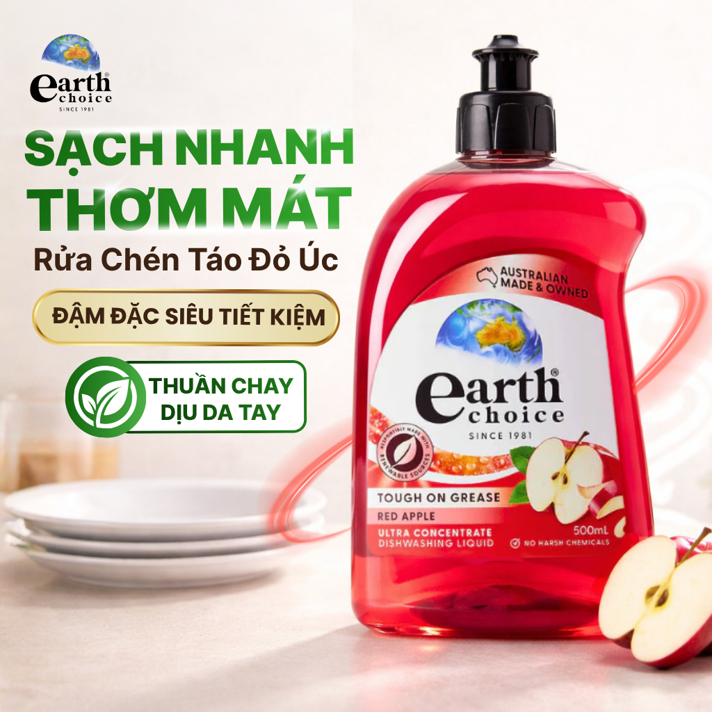 Nước Rửa Chén Đậm Đặc Earth Choice Hương Táo - Gốc Thực Vật, Sạch Dầu Mỡ, An Toàn Không Làm Khô Da