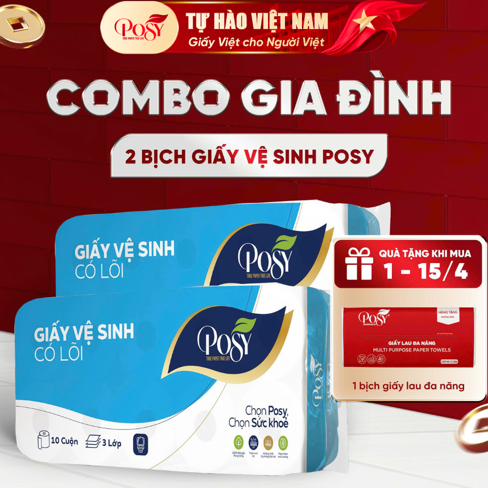 POSY_[LIVE KOL] POSY_COMBO GIA ĐÌNH _ 2 bịch Giấy vệ sinh POSY 10 cuộn 3 lớp không lõi - có lõi mềm 