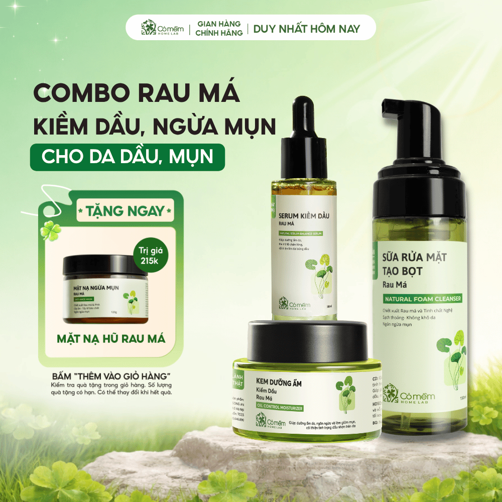 Bộ Chăm Sóc Da 3 Bước Sữa Rửa Mặt Serum Và Kem Dưỡng Ẩm Kiềm Dầu Rau Má Cỏ Mềm
