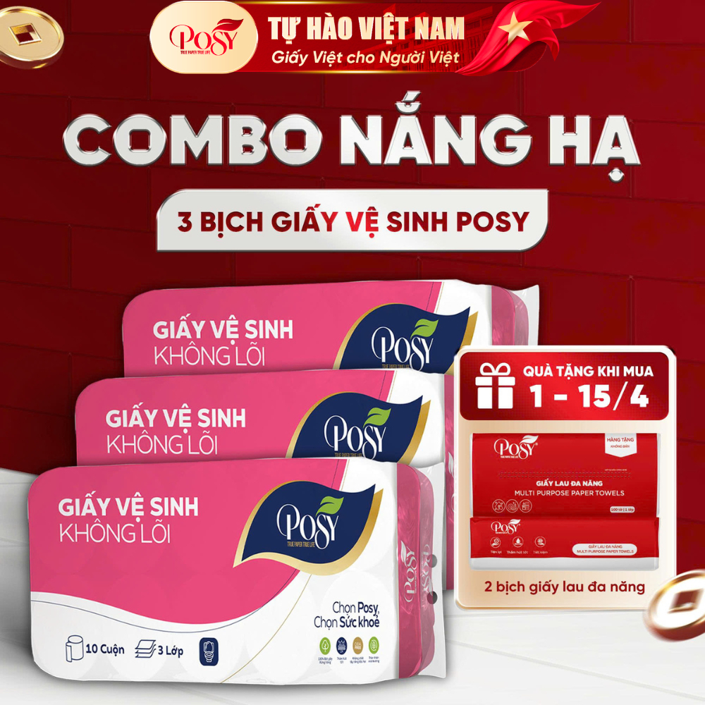 POSY_[COMBO NẮNG HẠ] - Combo 3 bịch giấy vệ sinh POSY 10 cuộn 3 lớp có lõi/ không lõi mềm mịn, dễ ta