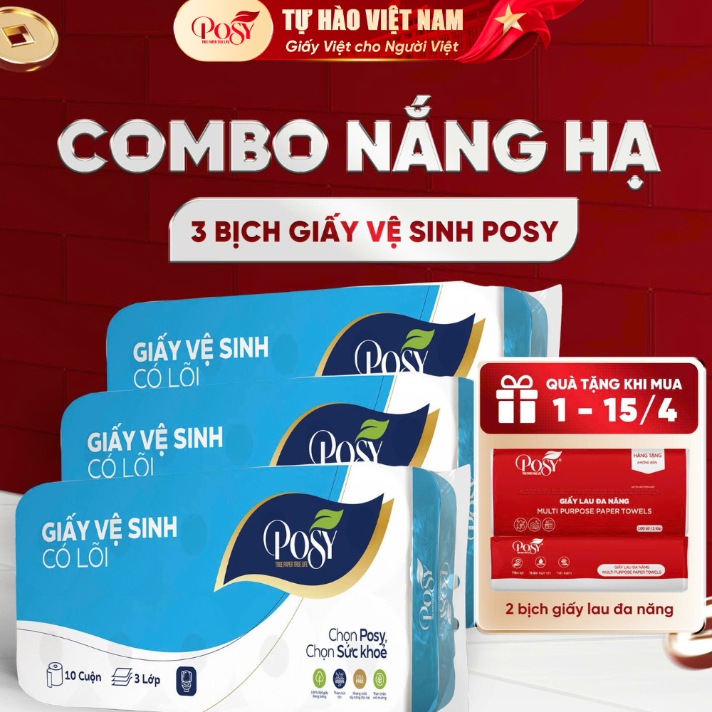 POSY_[LIVE KOL]_ POSY_Combo 3 giấy vệ sinh POSY 10 cuộn 3 lớp ko lõi/có lõi mềm mại dễ tan trong nướ