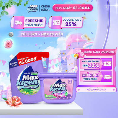 Combo Túi Nước Giặt Xả MaxKleen Vườn Sớm Mai 3.8kg + Hộp Viên Giặt Xả Huyền Diệu (20 viên/hộp)