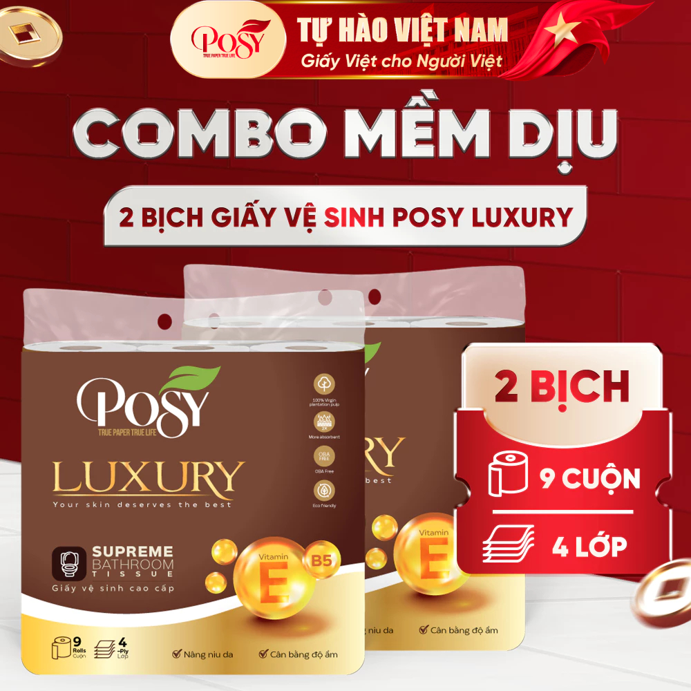 [COMBO MỀM DỊU] Combo 2 bịch giấy vệ sinh Posy Luxury 9 cuộn 4 lớp CÓ LÕI siêu mềm mịn, sang trọng, 